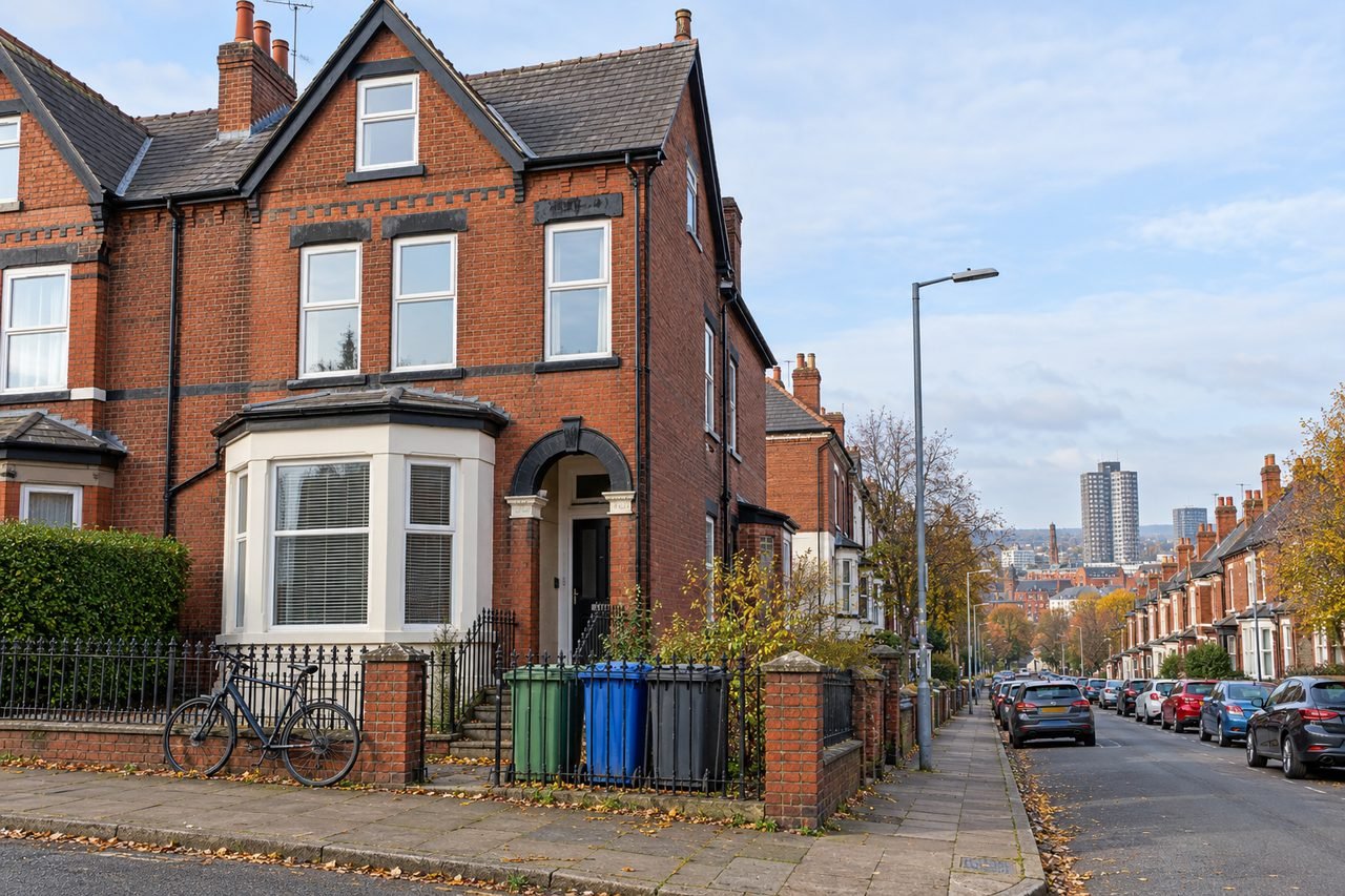 Photoreal photograph of a Bolton house-share style property: a large three-storey Edwardian brick house with a converted ground-floor bay, w