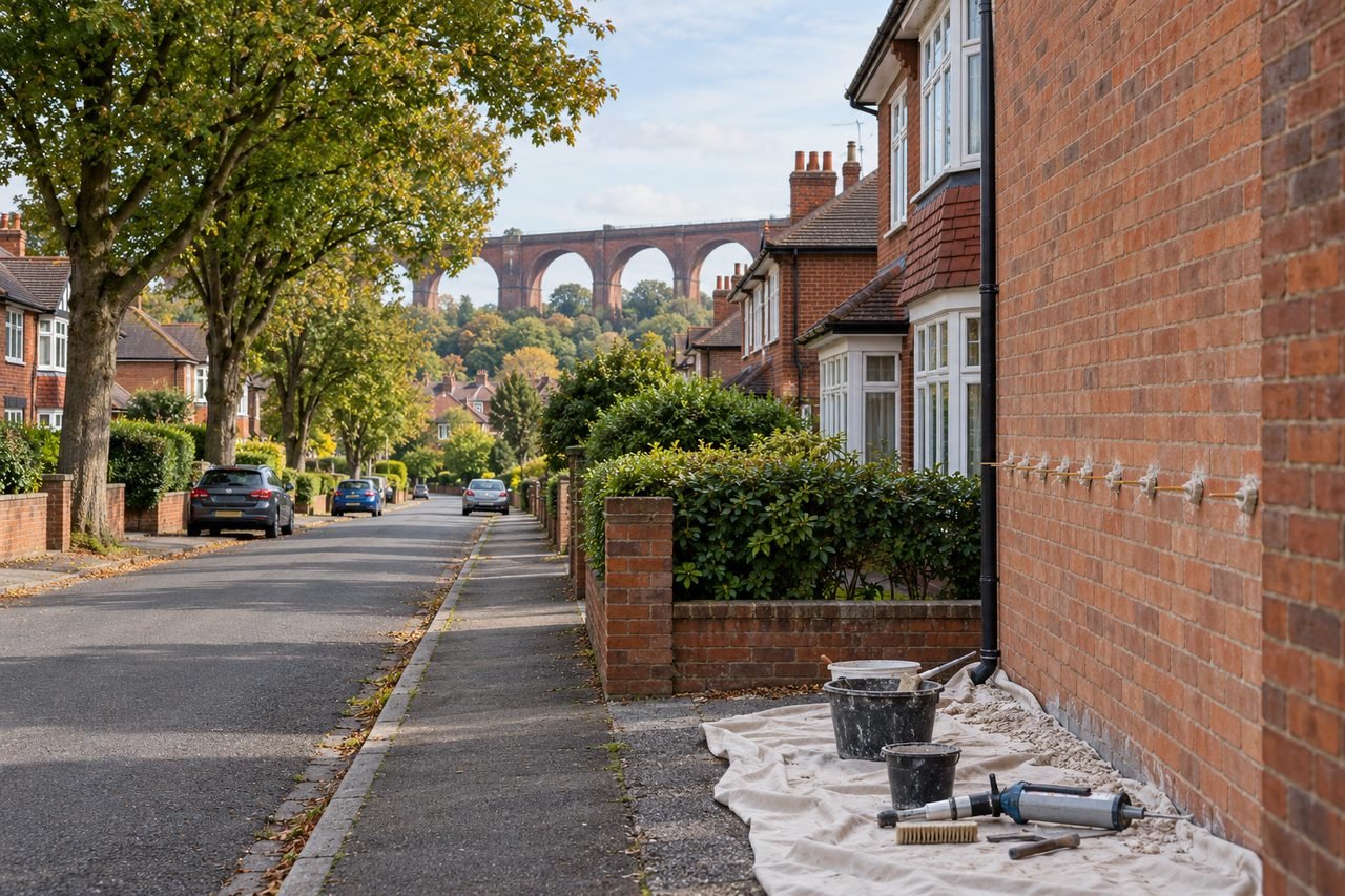 Photoreal British photograph of a tree-lined residential road of interwar semi-detached brick houses with hedges and driveways, one house sh