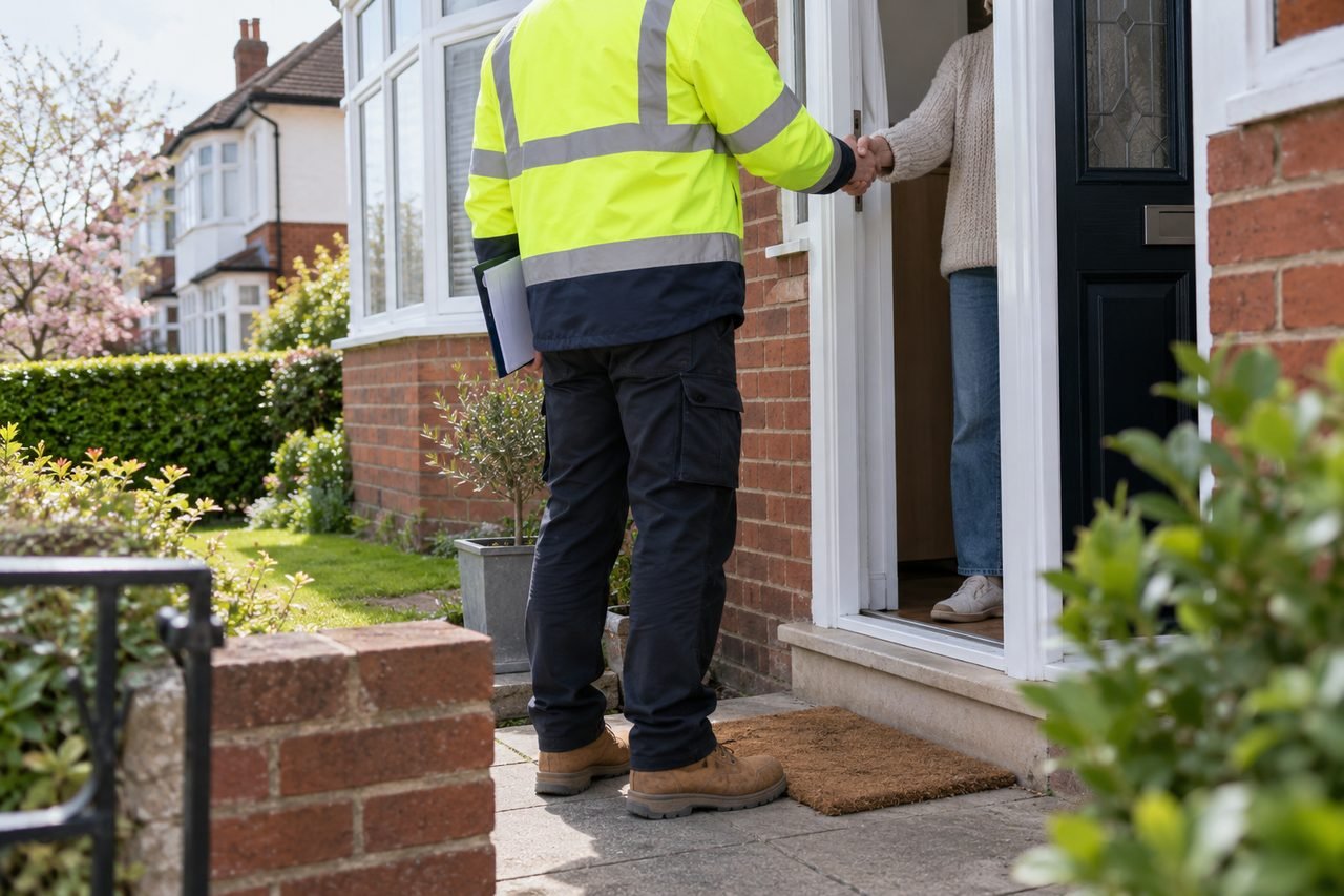 Retrofit assessor in a hi-vis jacket and safety boots at the front door of a 1930s semi-detached house shaking hands with a homeowner, shot