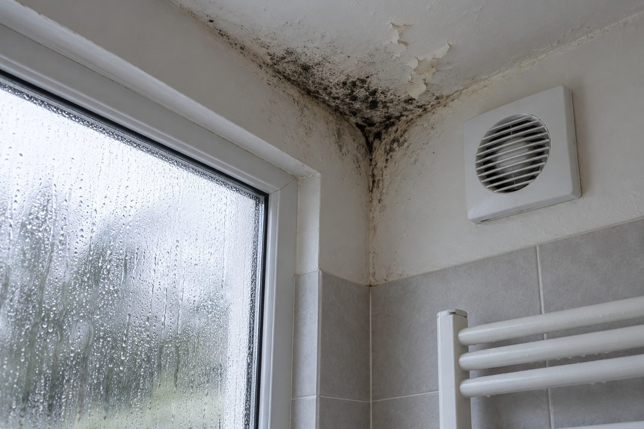 The corner of a rented bathroom ceiling with a patch of dark mould and peeling paint, beside a plain white extractor fan, with condensation