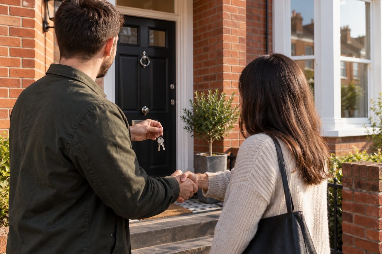 Landlord and a tenant seen from behind shaking hands at a front door of a clean red-brick terraced rental, a tidy front step with a potted p