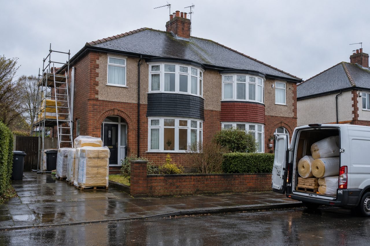 Pair of semi-detached 1930s houses in a Greater Manchester suburb after loft and cavity wall work, a small insulation delivery van parked at