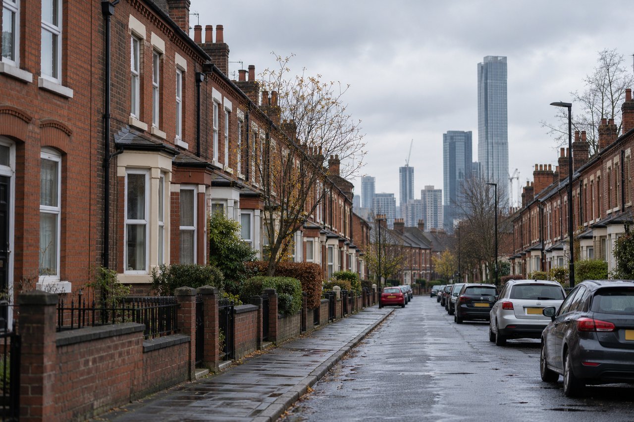 A Manchester street of Victorian terraces with a modern tower block far in the background, soft grey light