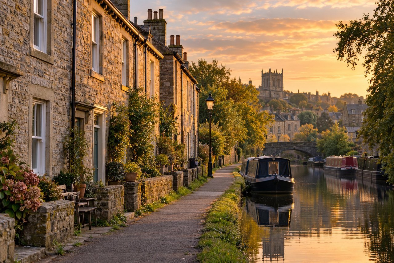 Stone-built terraced houses and a canal-side path in Lancaster, soft evening light
