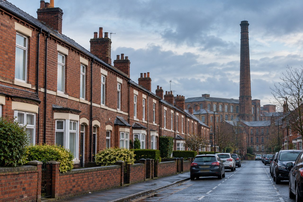 Rows of Victorian red-brick terraces with a tall mill chimney behind, grey-blue sky