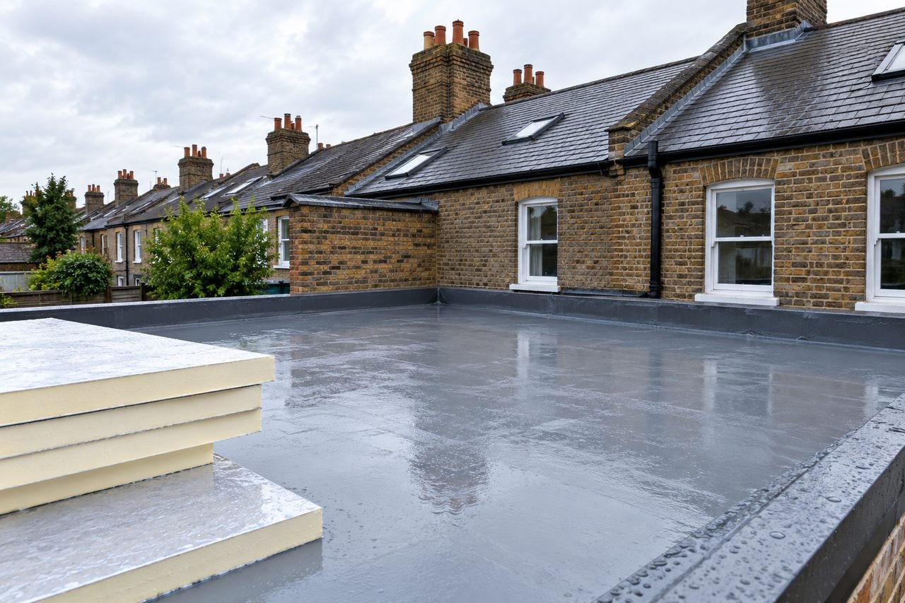 Photorealistic photograph looking across the flat roof of a rear extension on a brick terraced house, with a freshly laid grey waterproof me