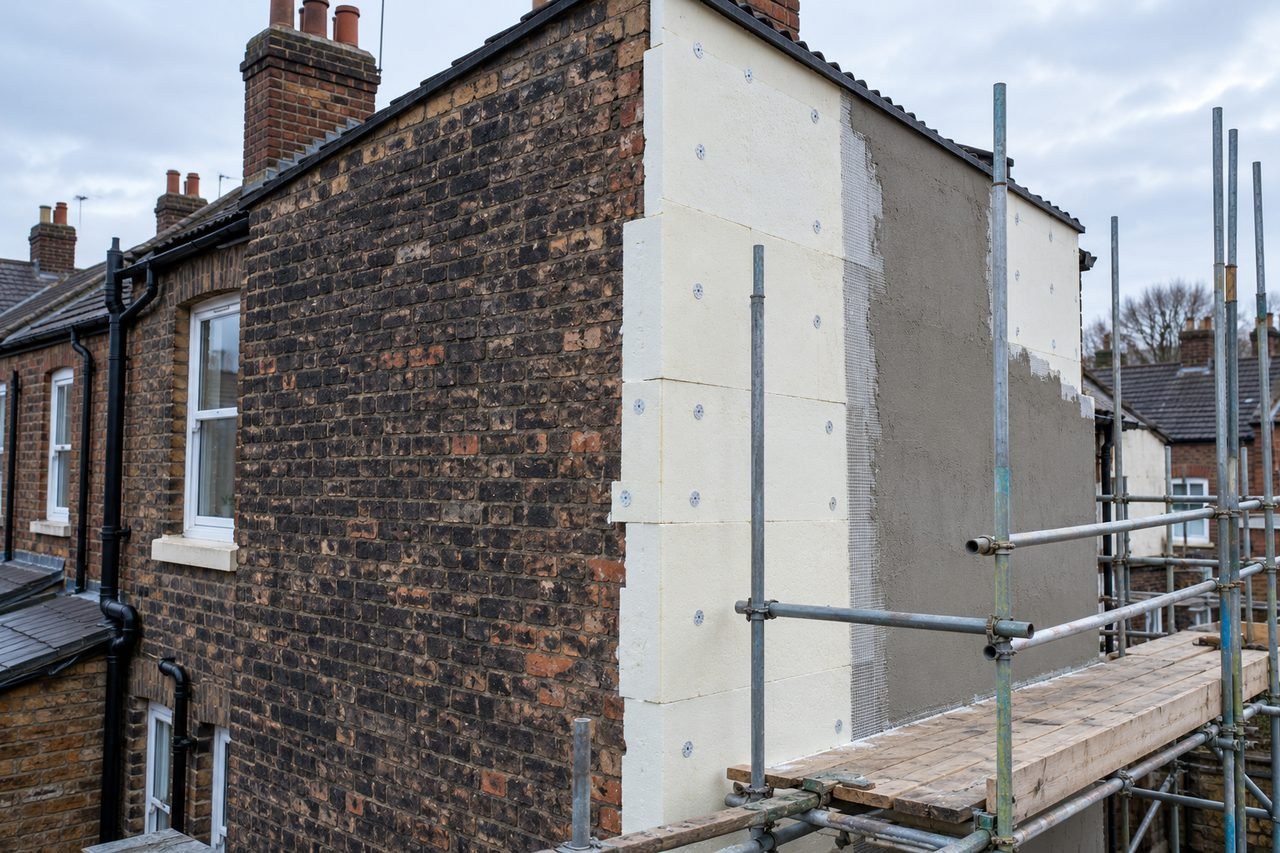 The side wall of a Victorian brick terrace with external wall insulation boards being fixed, half the wall showing bare soot-darkened brick